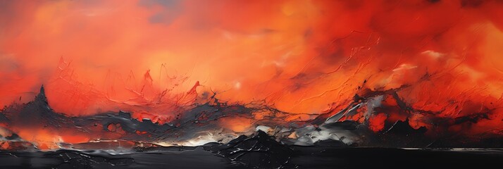 Inferno: A fiery abstract landscape painting depicting a scene of intense heat and destruction, with swirling orange and red hues dominating the canvas.