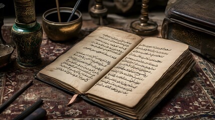Obraz premium Ancient Arabic Manuscript Open on Antique Table