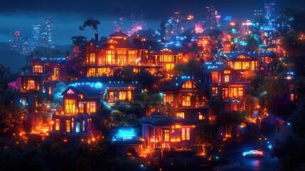 Obraz premium Illuminated hillside houses at night, city skyline in the distance