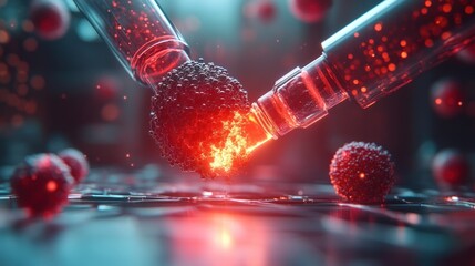 Vials colliding with glowing particles, symbolizing scientific breakthroughs in medical research