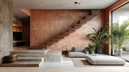 Modern living room, stairs, terracotta wall, city view, home design