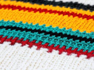 Fototapeta premium A close-up of colorful knitted fabric featuring stripes in vibrant hues of red, yellow, turquoise, and black, showcasing intricate stitching patterns.
