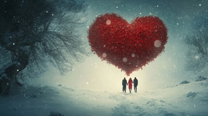 Couple Walking Towards a Giant Red Heart in a Snowy Landscape