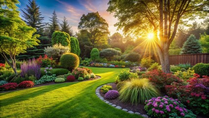 Obraz premium Lush Green Lawn, Mulched Garden Beds & Vibrant Plants - Beautiful Backyard Landscape
