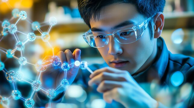Young scientist working with molecular structures.