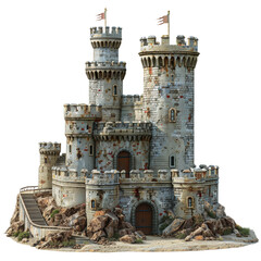 A Stunning, Weathered Castle Amidst Rocky Terrain with Flags Gently Waving in the Serene Breeze