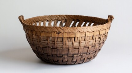 Rustic Woven Basket, Brown, Handmade, Empty, White Background