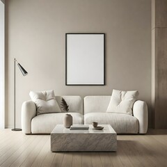 minimalist living room bathed in natural light from a large window. Frame mockup, Living room wall poster mockup. Interior mockup with house background. Modern interior design. 