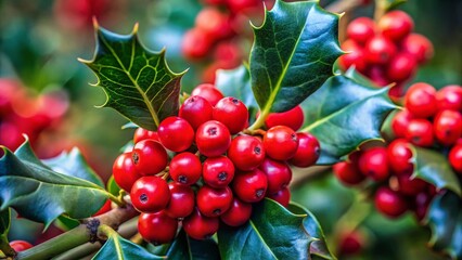 Obraz premium Lush Holly Berries and Leaves: Vibrant Winter Botanical Stock Photo