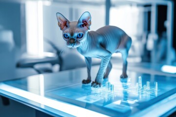Sphynx cat in futuristic lab explores holographic cityscape