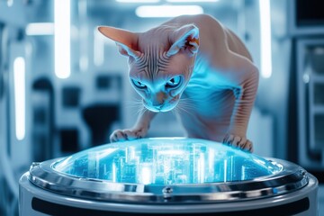 Sphynx cat in futuristic lab explores holographic cityscape