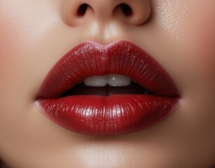 Obraz premium Close-up of a woman's lips with glamorous, shimmery mauve lipstick.