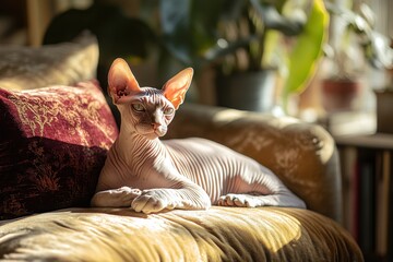 Sphynx cat relaxing by window in cozy room