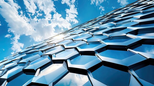 Hexagonal building facade, sunny sky, city, modern architecture, urban design
