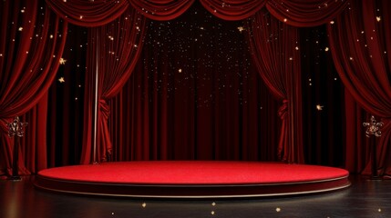 Red Stage Curtain with Rotating Platform, Sparkling Lights, Dramatic Setting