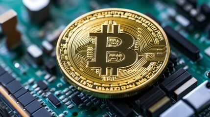 Golden Bitcoin on Circuit Board - Cryptocurrency Technology Close-Up