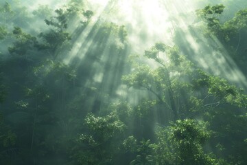 Fototapeta premium Morning fog envelops a lush rainforest as sunlight streams through the trees, creating a tranquil and serene atmosphere in the wilderness