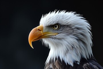 Fototapeta premium An AI generated bald eagle portrait showcasing its majestic features with a dark background, symbolizing freedom and strength, perfect for wildlife enthusiasts or nature lovers