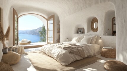 Fototapeta na wymiar Cave bedroom, Aegean sea view, luxury resort, sunrise