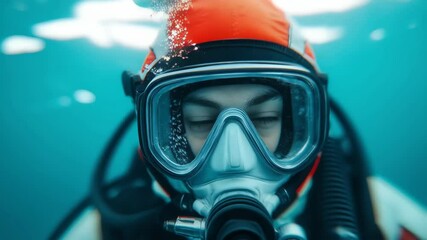 An underwater diver, around 25 years old, wearing a red helmet, full-face mask, and oxygen gear, exploring the deep blue ocean