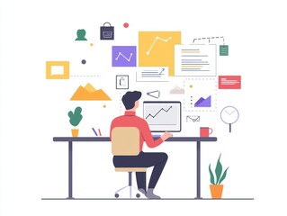 Digital Marketing Manager - Digital marketing manager creating and executing online marketing strategies, in a marketing office, on a White Background.