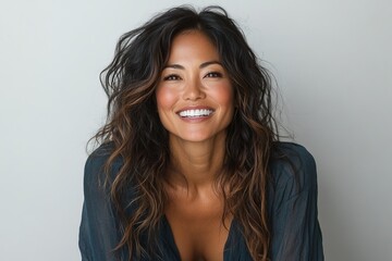 Fototapeta premium A smiling woman with wavy hair, exuding warmth and confidence against a neutral background.