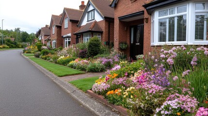 Colorful suburban street, blooming gardens, houses, UK. Ideal for real estate, travel