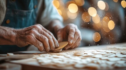 Closeup of craftsman hands working on piece of art
