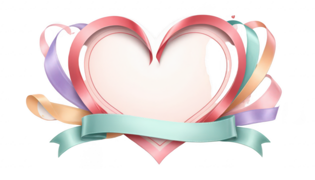 A heart-shaped design with a flowing ribbon banner across it, perfect for inserting a personalized love message or quote, against a soft pastel background, on a white transparent background PNG