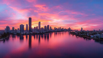 Fototapeta premium Vibrant sunset over coastal city skyline reflected in calm water