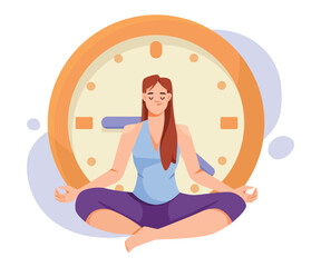 Obraz premium Woman and Time Management with Clock Dial Sit and Meditate Vector Illustration