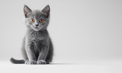 Grey kitten sitting, studio background, pet portrait, website banner