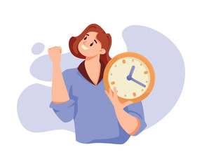 Woman and Time Management with Clock Dial Vector Illustration