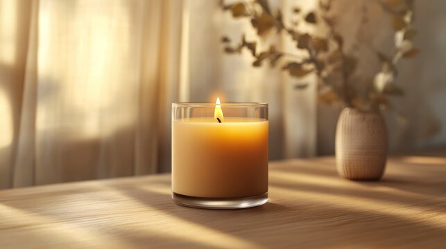 Lit candle, wooden table, sunlit room, dried flowers, relaxation