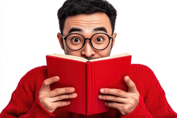 A young man in a red sweater joyfully holds a book, expressing excitement and curiosity.