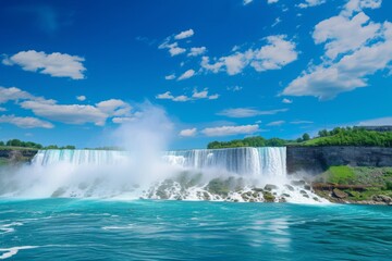 Fototapeta premium Panoramic view of Niagara Falls in summer showcasing the powerful waterfalls and vibrant blue waters in Ontario, Canada, under a clear sky filled with fluffy clouds