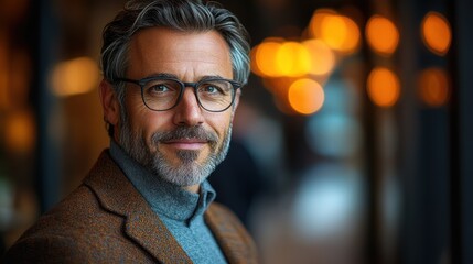 Obraz premium Confident man portrait, city cafe, bokeh background, professional headshot