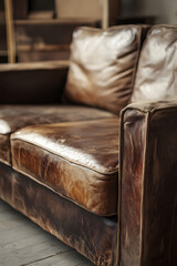 Vintage Loft-Style Leather Sofa with Distressed Texture in an Urban Setting