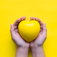 Female hands on a yellow background holding a yellow heart. The concept of donations and family insurance, World Heart Day.