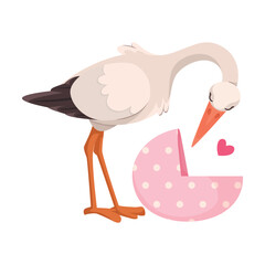 Stork Carry Baby in Baby Carriage Vector Illustration