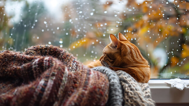 Curved cat curled up on a warm throw on the window at home gaze out at the fall rain outside - Powered by Adobe
