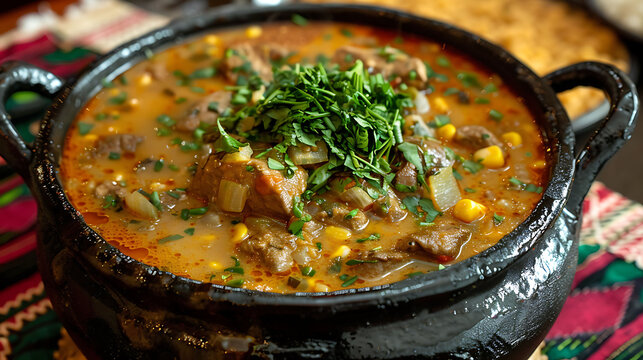 Customary locro stew prepared in a black pot during national holidays