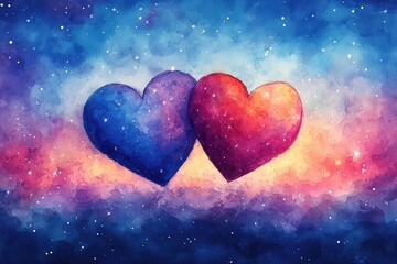 Fototapeta premium Romantic Watercolor Hearts Over Starry Background for Love Themes