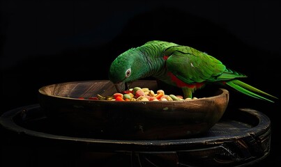 Against a black backdrop, a colorful parrot with vivid green feathers consumes food from a wooden bowl, Generative AI.