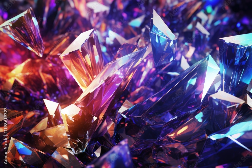 Poster visual exploration of an abstract background depicting luminous crystals surrounded by a colorful sp