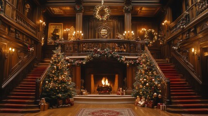Obraz premium Grand Manor Christmas Fireplace Hallway Staircase Decor