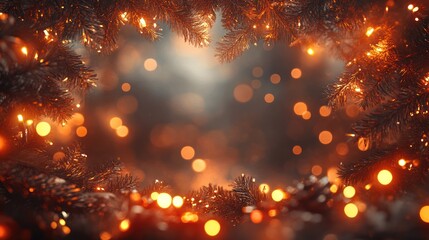 Fototapeta premium Festive fir branches frame bokeh lights, winter background, holiday card