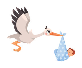 Stork Carry Baby in Wrap with Beak Vector Illustration