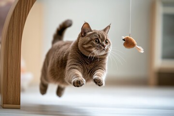 Dynamic DSLR photo capturing Scottish Fold cat leaping for toy