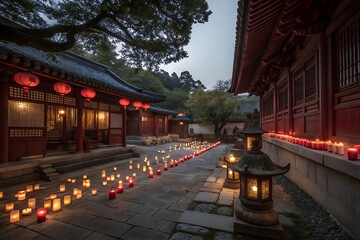 Temple courtyard illuminated by lanterns